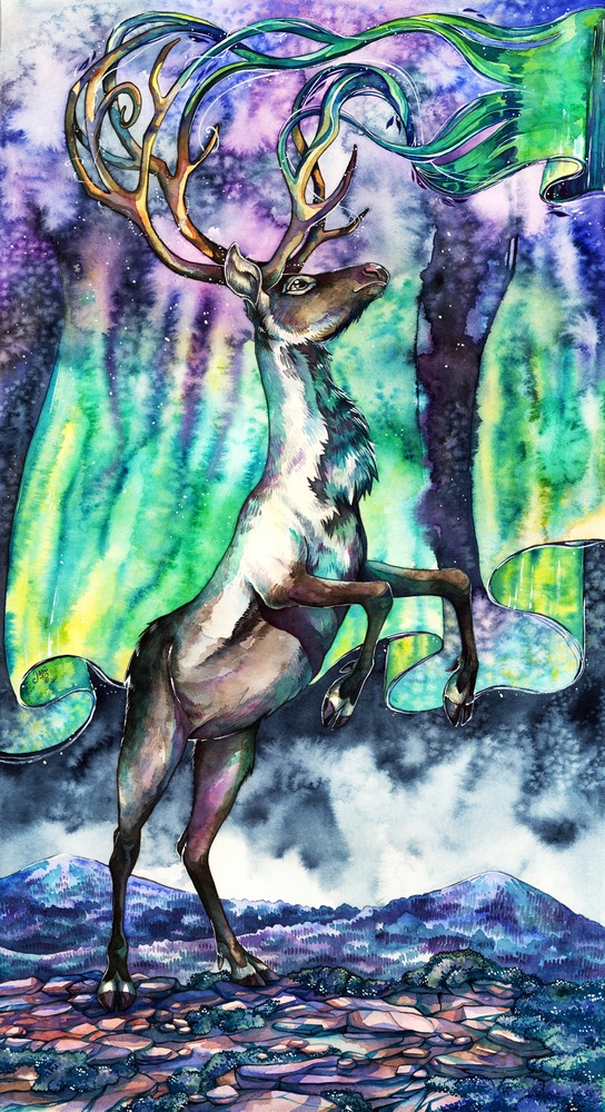 Original Painting - Aurora Reindeer